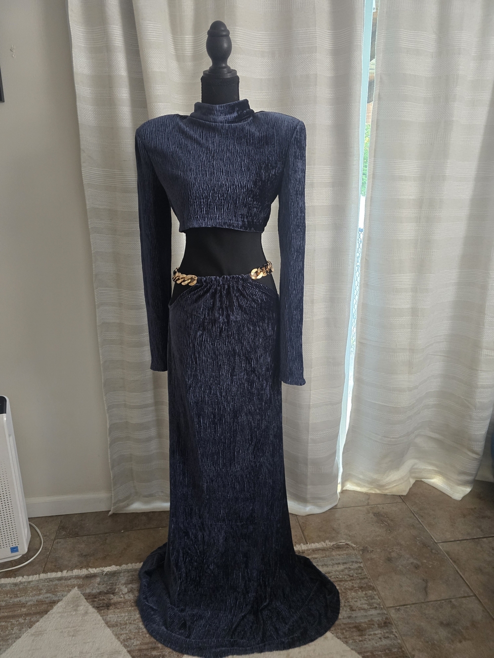 Bronx And Banco Stunning Navy Blue Two-Piece Maxi Dress Set with Gold Chain